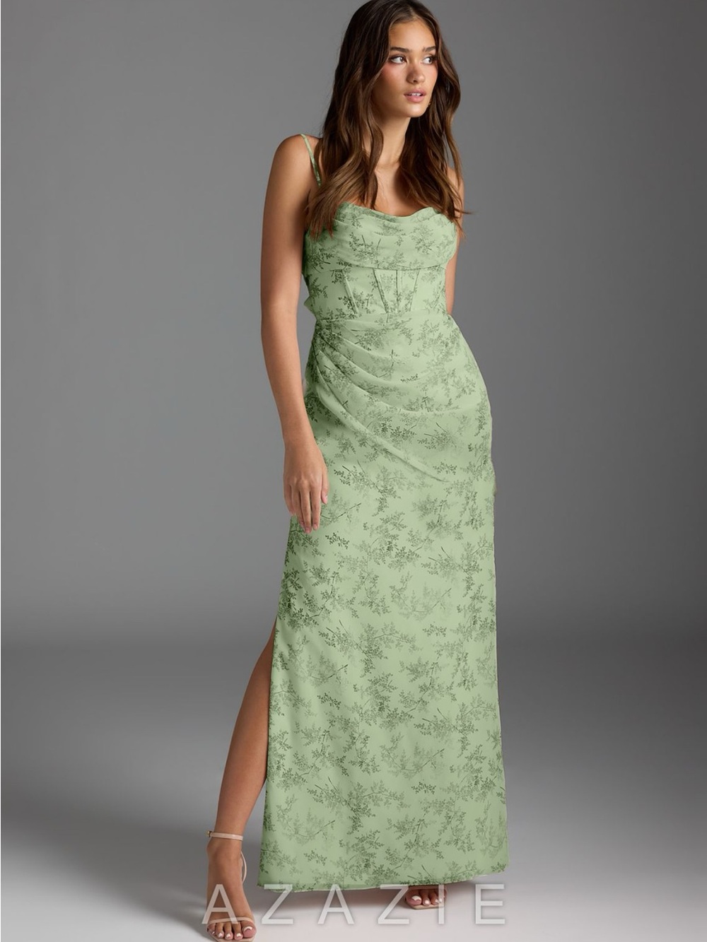 Azazie Sage Green Floral Slip Maxi Dress